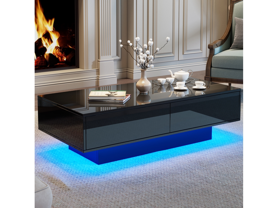 Mesa de centro LED negra de 115x55x34 cm, 2 cajones, capacidad de 30 kg, elegante y moderna para salón.