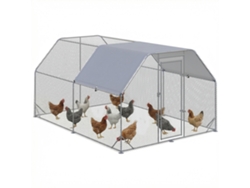 Gran gallinero exterior de acero galvanizado, de 280x380x195 cm, con cubierta de tela Oxford plateada.