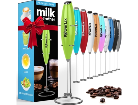 POWERLIX Espumador de Leche Eléctrico de Mano Batidora Leche Espuma Con Soporte de Acero Inoxidable 15-20S Potente 19000 Rpm Batidor para Café