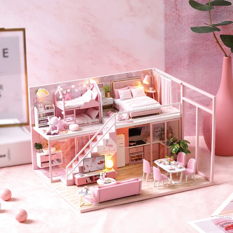 (rosa) Descubre la belleza de la vida cotidiana: Kit de casa de muñecas de madera para armar a mano.