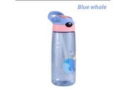 (ballena Azul) Botella De Agua Infantil De 500ml Con Tapón Y Pajita, Libre De Bpa.