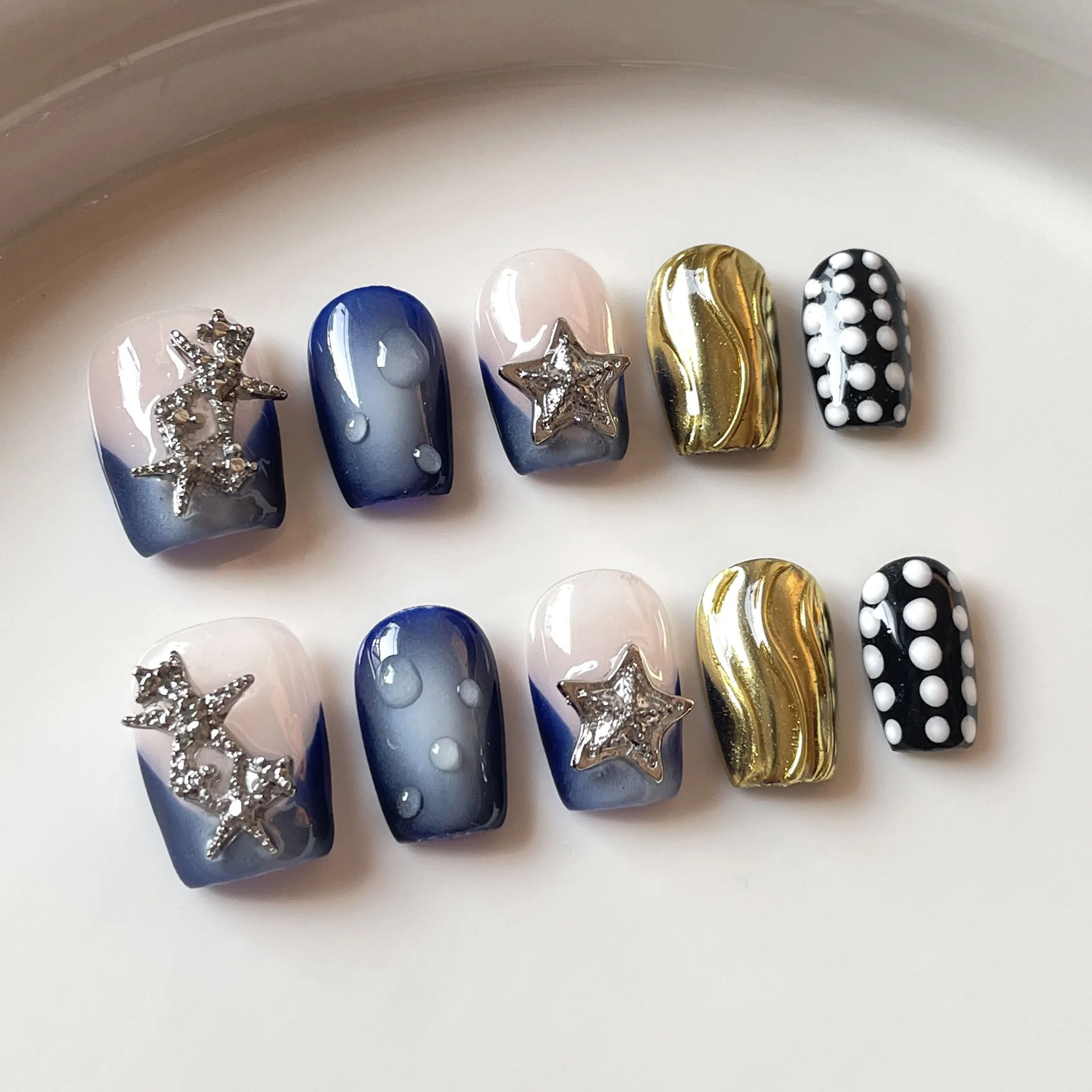 (478-s) Paquete De 10 Uñas Postizas Cortas Hechas A Mano Estilo Ballet, Pegatinas Adhesivas Para Uñas