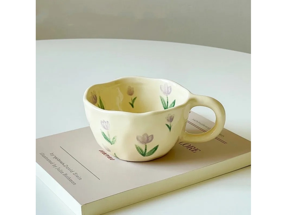 Taza de café de cerámica de estilo coreano con estampado floral de pinceladas irregulares. Mdug (estilo 4)