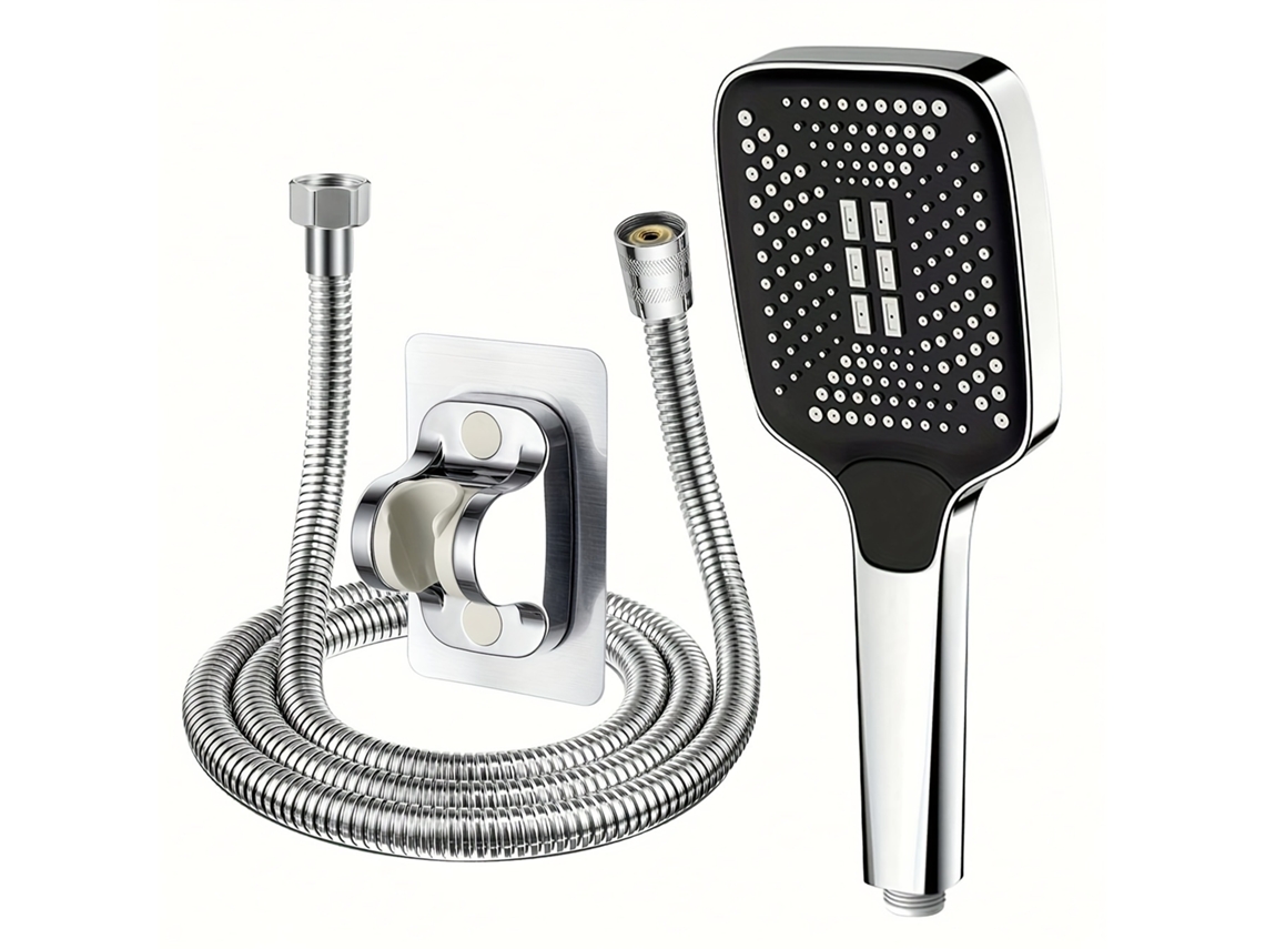 Cabezal De Ducha Cuadrado, Color Plata + Soporte De Pared + Manguera De 3,8 Cm: Potente Sistema De Aumento De Presión. Baño