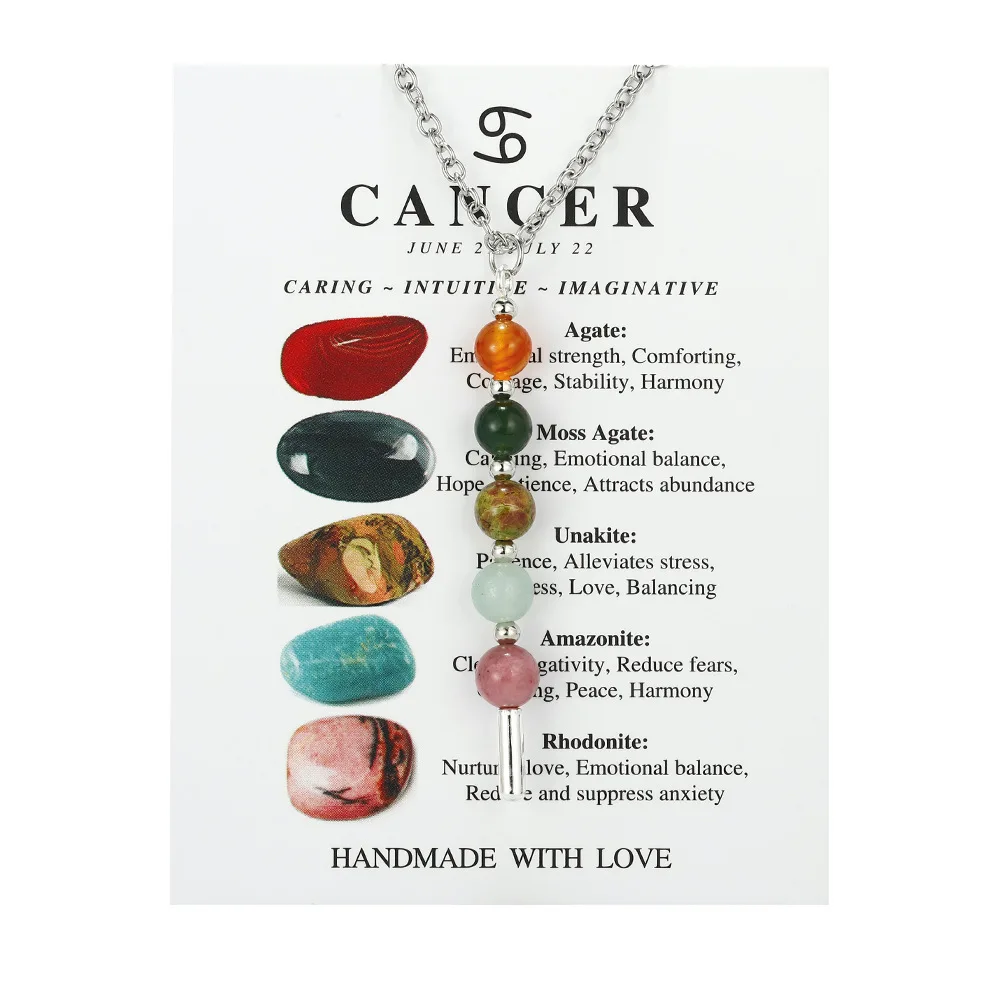 Collar con los Doce Signos del Zodiaco, Estilo Femenino, Engastado con Piedras Preciosas Naturales MDUG (Cáncer, 47 cm)