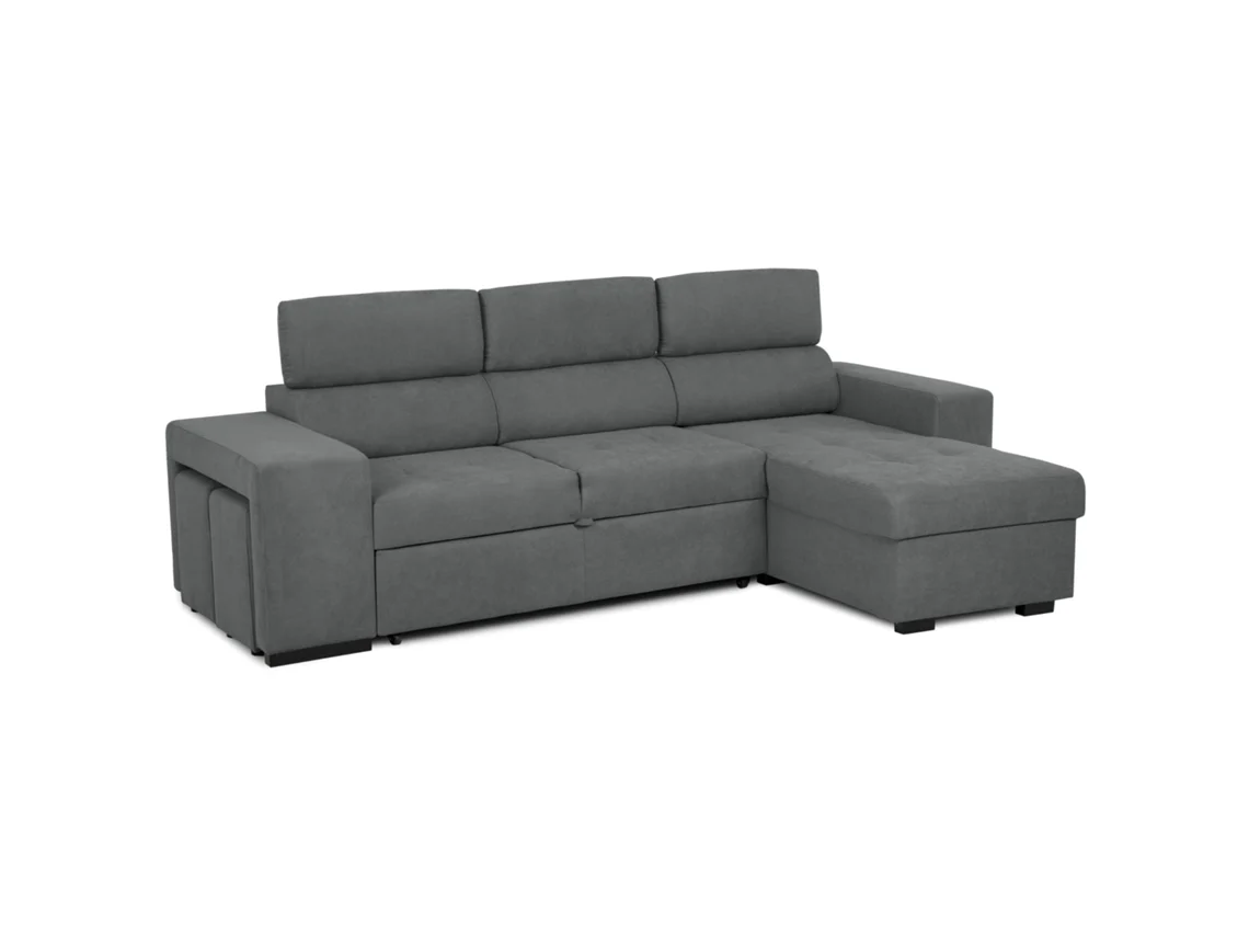 Sofá Cama 3 Plazas BUDWING John Gris Grafito + Chaise Longue + Cabecero Ajustable + 2 Pufs (263 x 161 x 96 cm - Reversible Lado Derecho/Izquierdo)