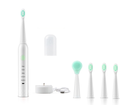 Cepillo de dientes eléctrico ZMDECQNA para adultos sónico recargable de cerdas suaves USB lavado de cara dos en uno (blanco-verde)