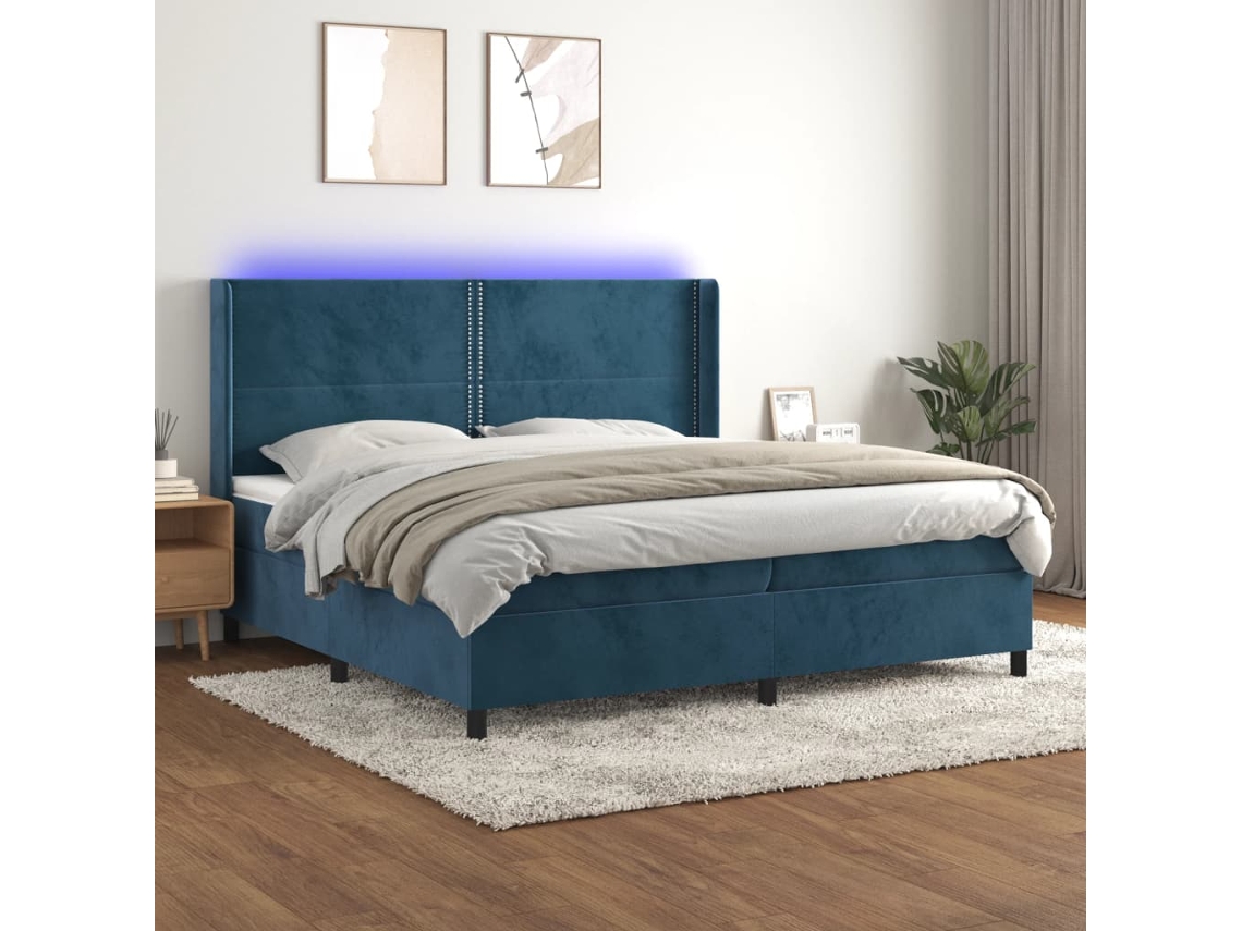 Cama Box Spring Colchón Y Led Terciopelo Azul Oscuro 200x200 Cm