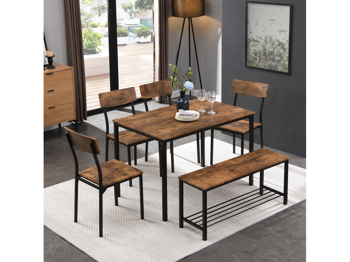 Conjunto Mesa Y 4 Sillas 1 Banco - 6 Plazas - Estructura De Acero - Estilo Industrial - Marrón