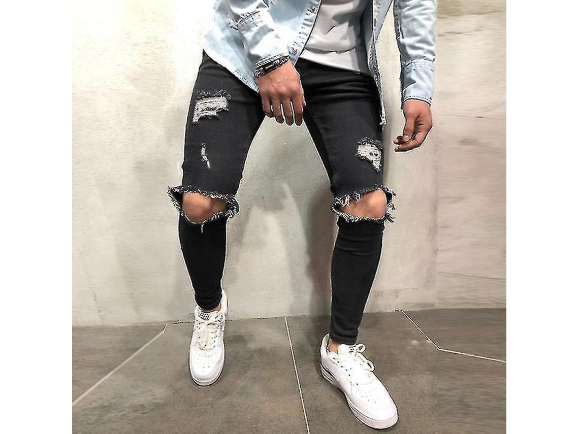 2026-jeans Skinny Para Hombre Rotos Con Estiramiento Y Rasgaduras En Rodillas Tela Denim Jvt 3xl Negro