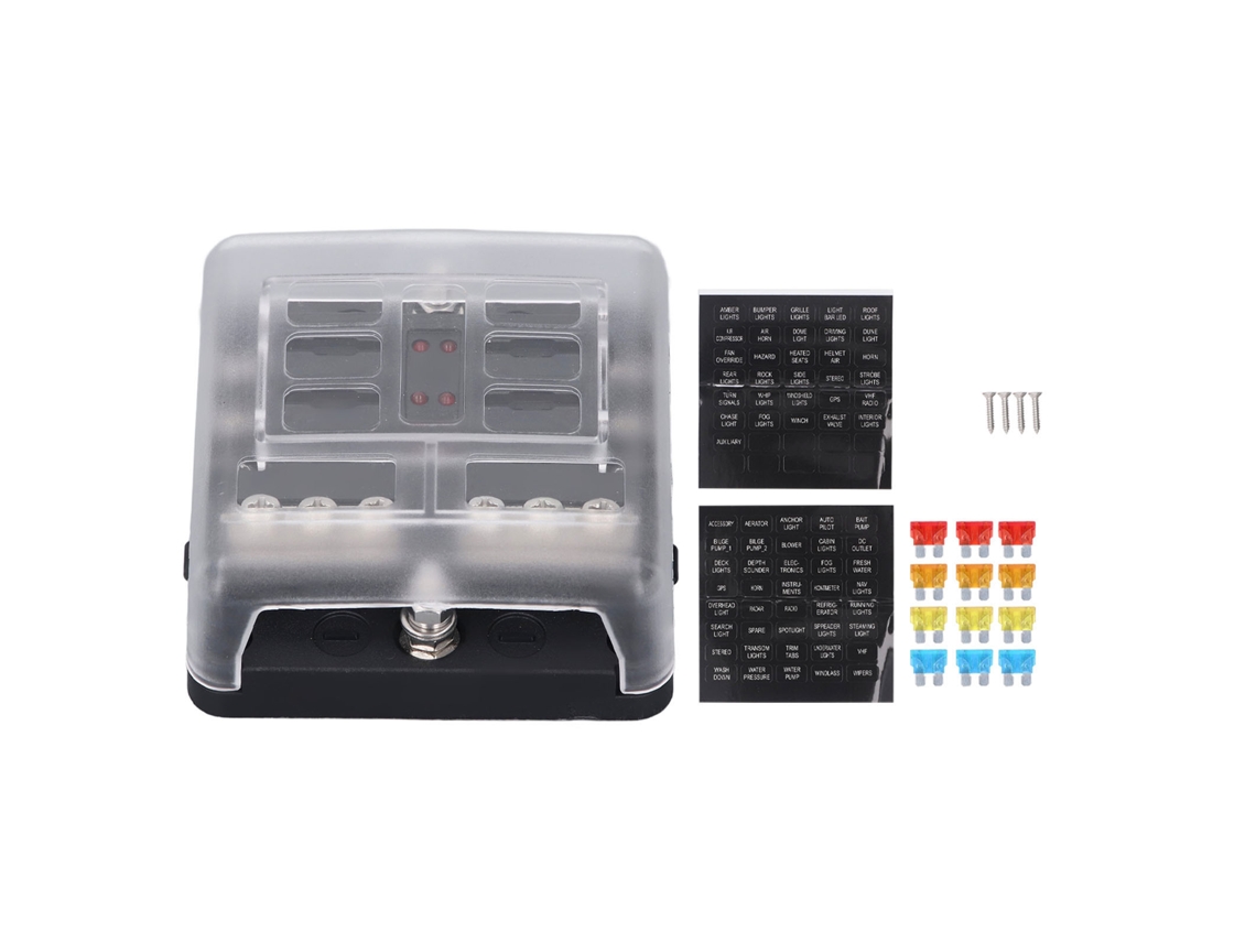 Caja de fusibles impermeable de 6 vías con indicador LED para automóviles, camiones, barcos y vehículos recreativos de 12 V y 24 V.