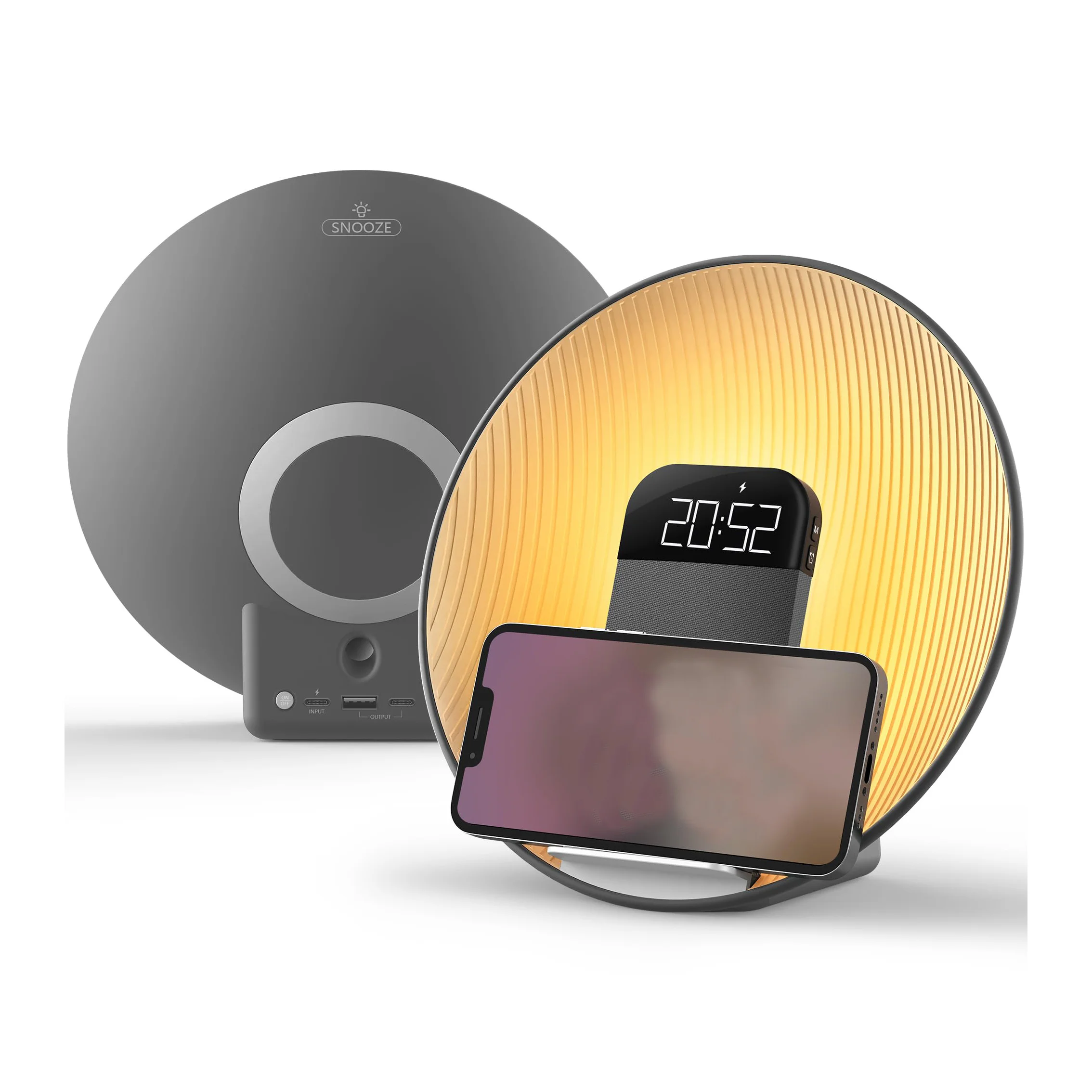 (gris) Smart Sunrise Alarm Clock - Cargador Inalámbrico Rápido De 15w Y Altavoz Con Luz Ajustable Para Dormir Profundo