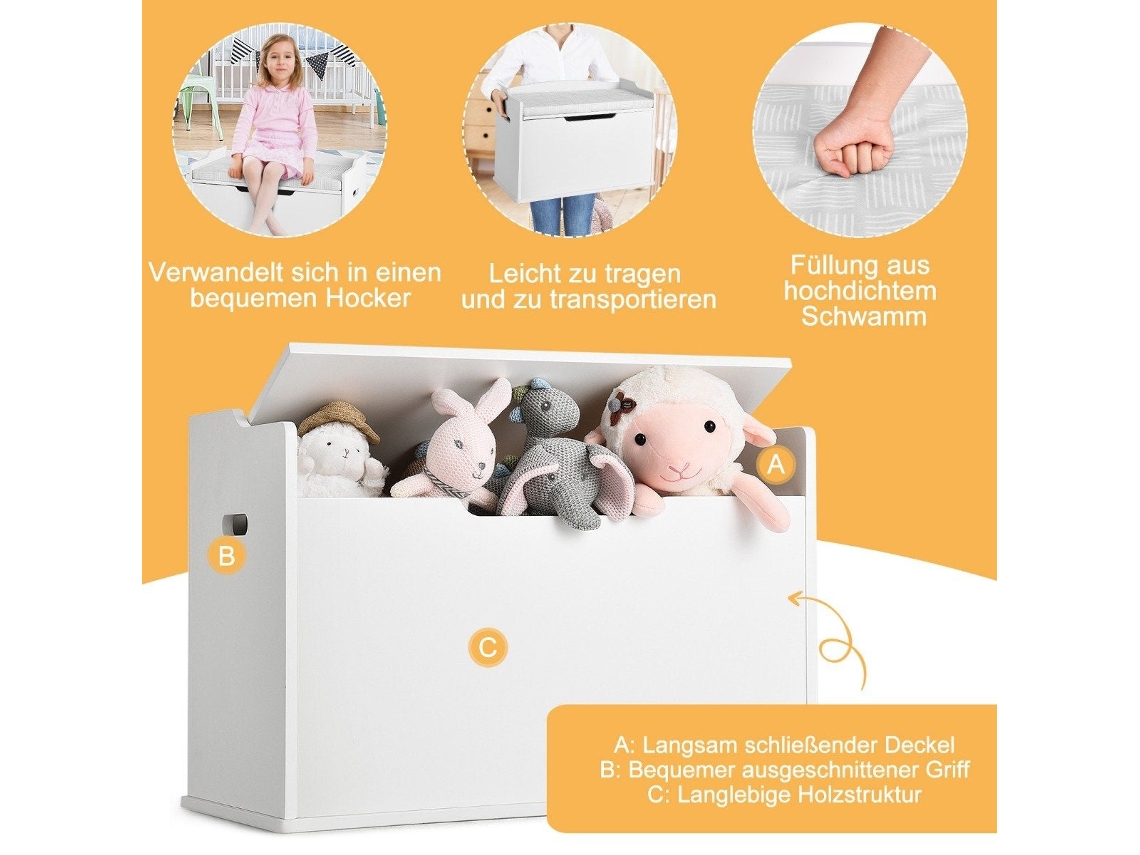 Caja de juguetes 2 en 1 con tapa y cojín, baúl infantil, blanco, 74 x 39 x 52 cm, NORTHIO