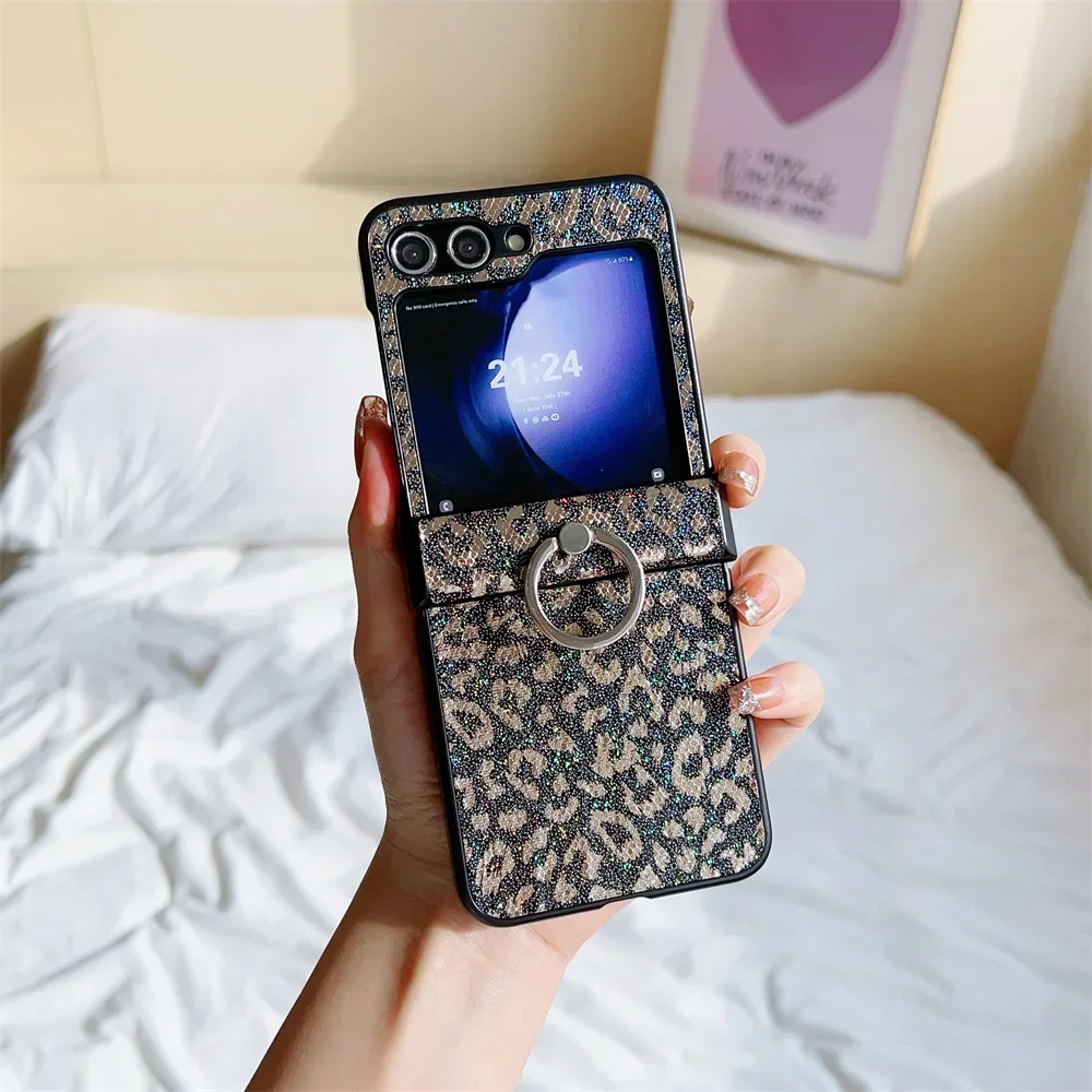 (marrón, Galaxy Z Flip6) Funda De Cuero Personalizada Con Estampado De Leopardo, Protección Contra Caídas, Soporte De Anillo