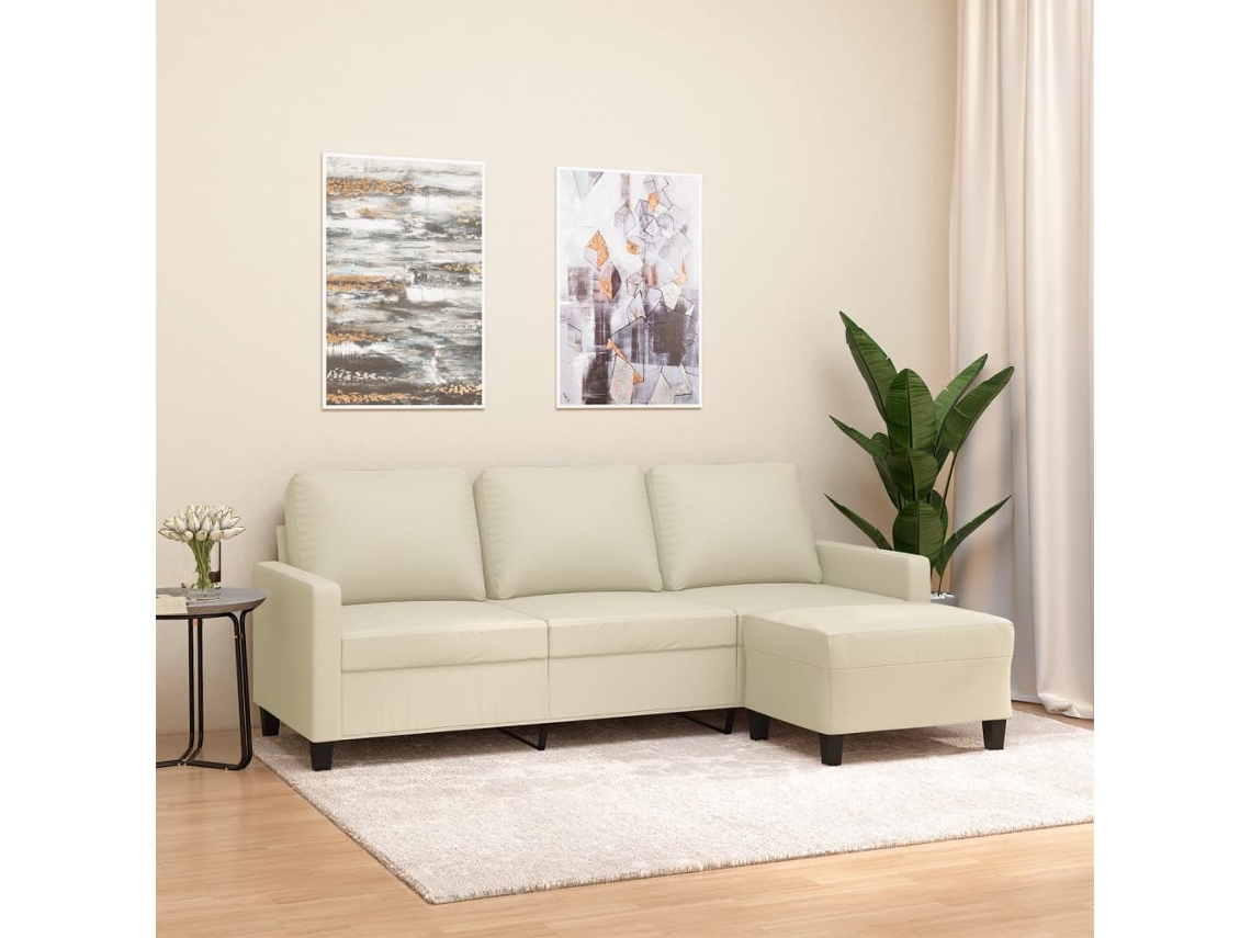 Sofá De 3 Plazas Con Taburete Cuero Sintético Crema 180 Cm