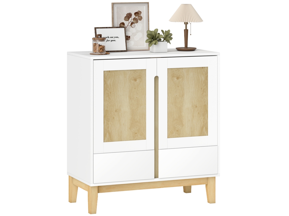 Aparador móvil de almacenamiento, 2 puertas, 2 cajones, estante ajustable, 80x40x86 cm, blanco y roble.