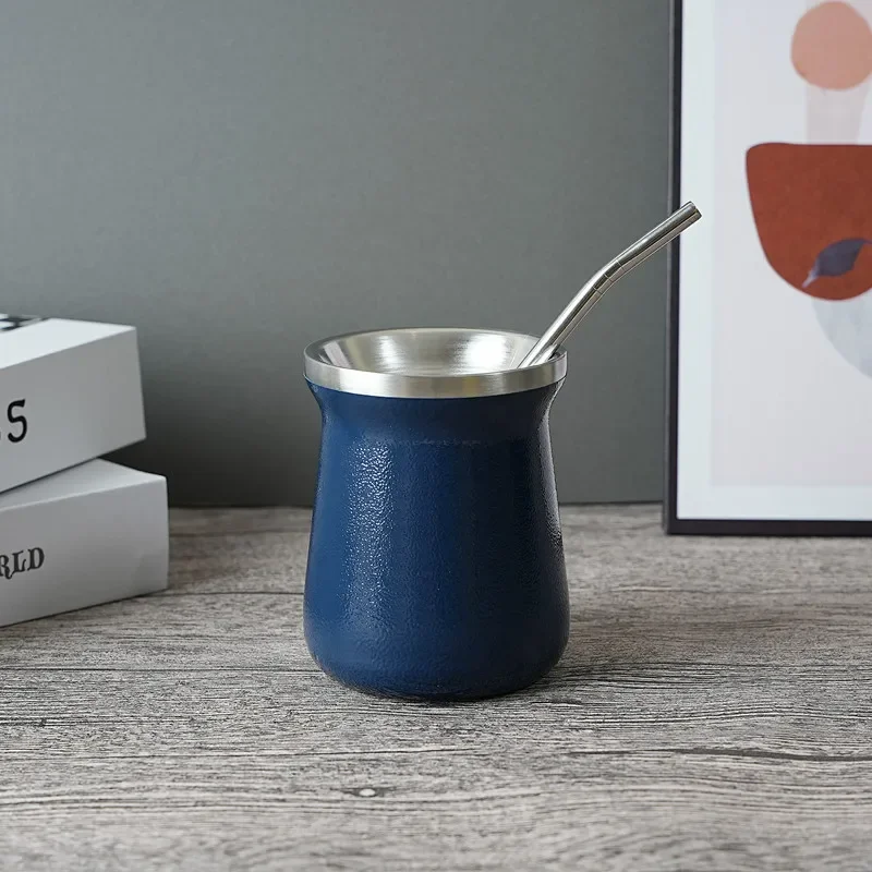 (240 Ml, Azul) Taza De Té Mate, Diseño De Doble Pared Con Aislamiento Al Vacío, Incluye Pajita, Fabricada En Acero Inoxidable 304.
