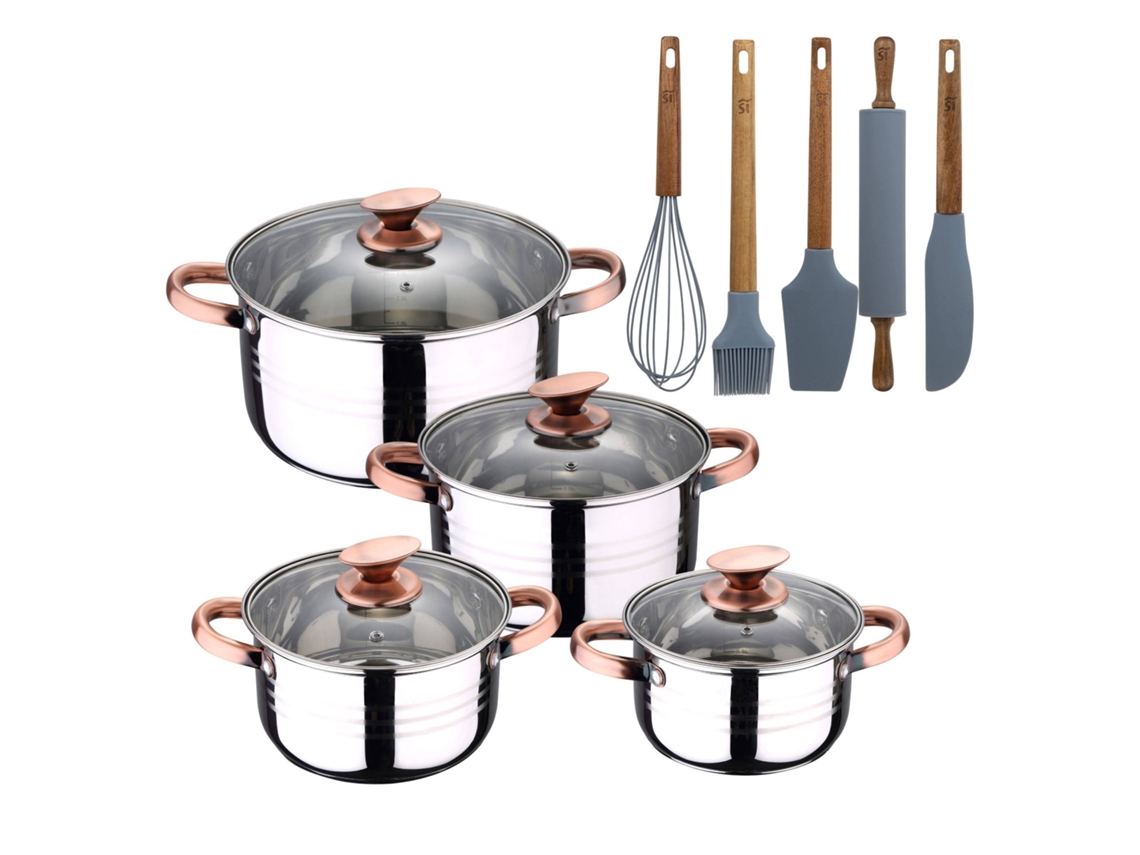 Batería De Cocina Ø16ø18ø20ø24cm De Acero Inoxidable Nona San Ignacio (8 Piezas) Con 5 Utensilios