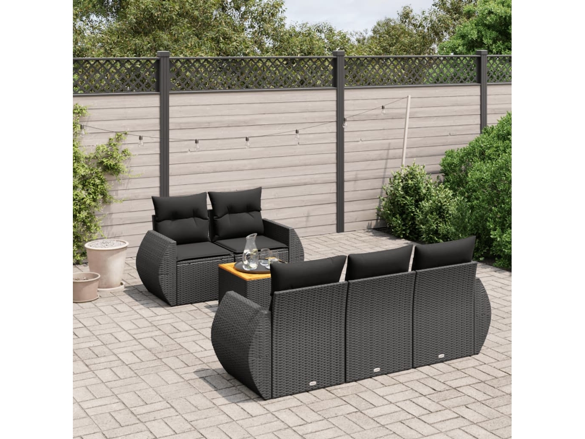 Conjunto de sofá de jardín de 6 piezas con cojines, mimbre sintético negro, DKD Home Decor