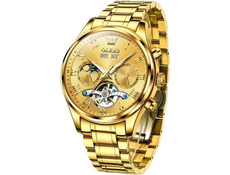 VEANXIN Reloj Tourbillon con Diamantes y Fase Lunar Luminoso Resistente al Agua de Acero Inoxidable Hueco automático para Hombres(oro)