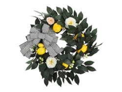 Corona Artificial De Rosas Amarillas Limón De Verano Con Follaje Para La Puerta Principal, Estilo Campestre.