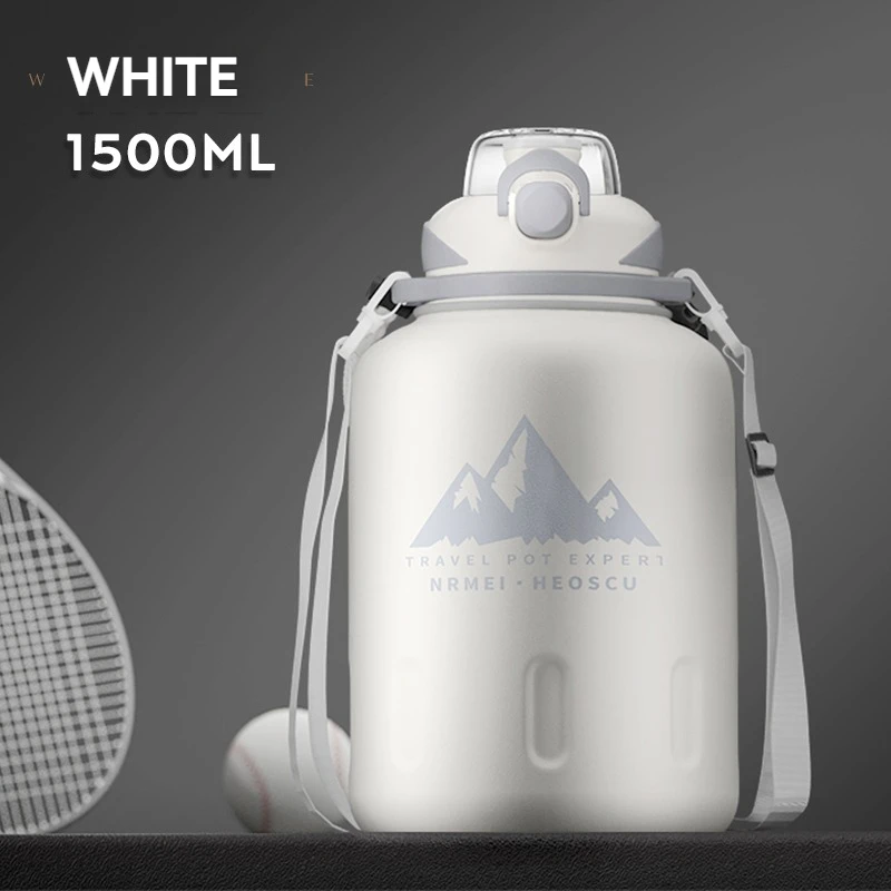 Botella térmica de acero inoxidable (blanca, 1500 ml), ideal para deportes al aire libre, con cuerda y pajita.