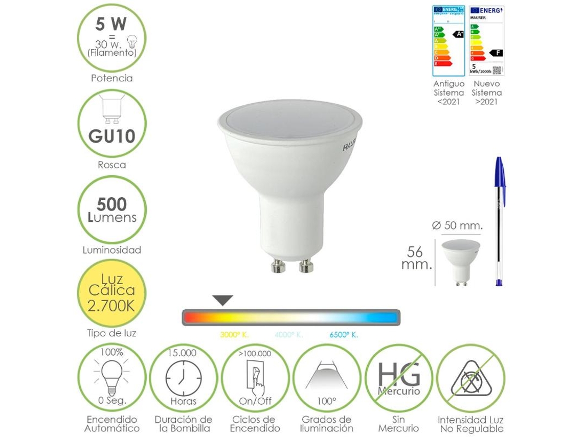 Bombilla led dicroica rosca gu10. 5 watt. equivale a 50 watt. 500 lumenes. luz cálida (2700  k)