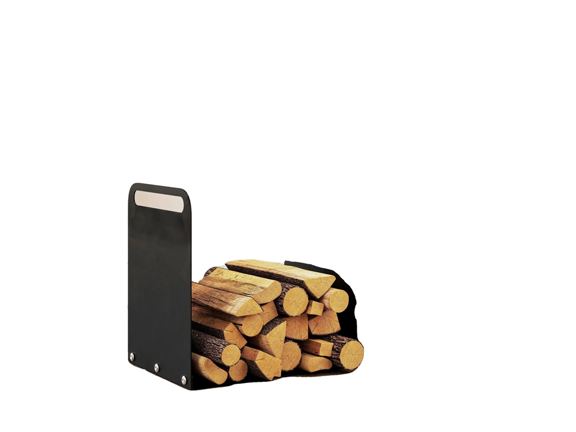 Estante para leña, construcción metálica, capacidad de carga 30 kg, dimensiones 90 cm x 30 cm x 100 cm, incluye asas, para uso interior y exterior.