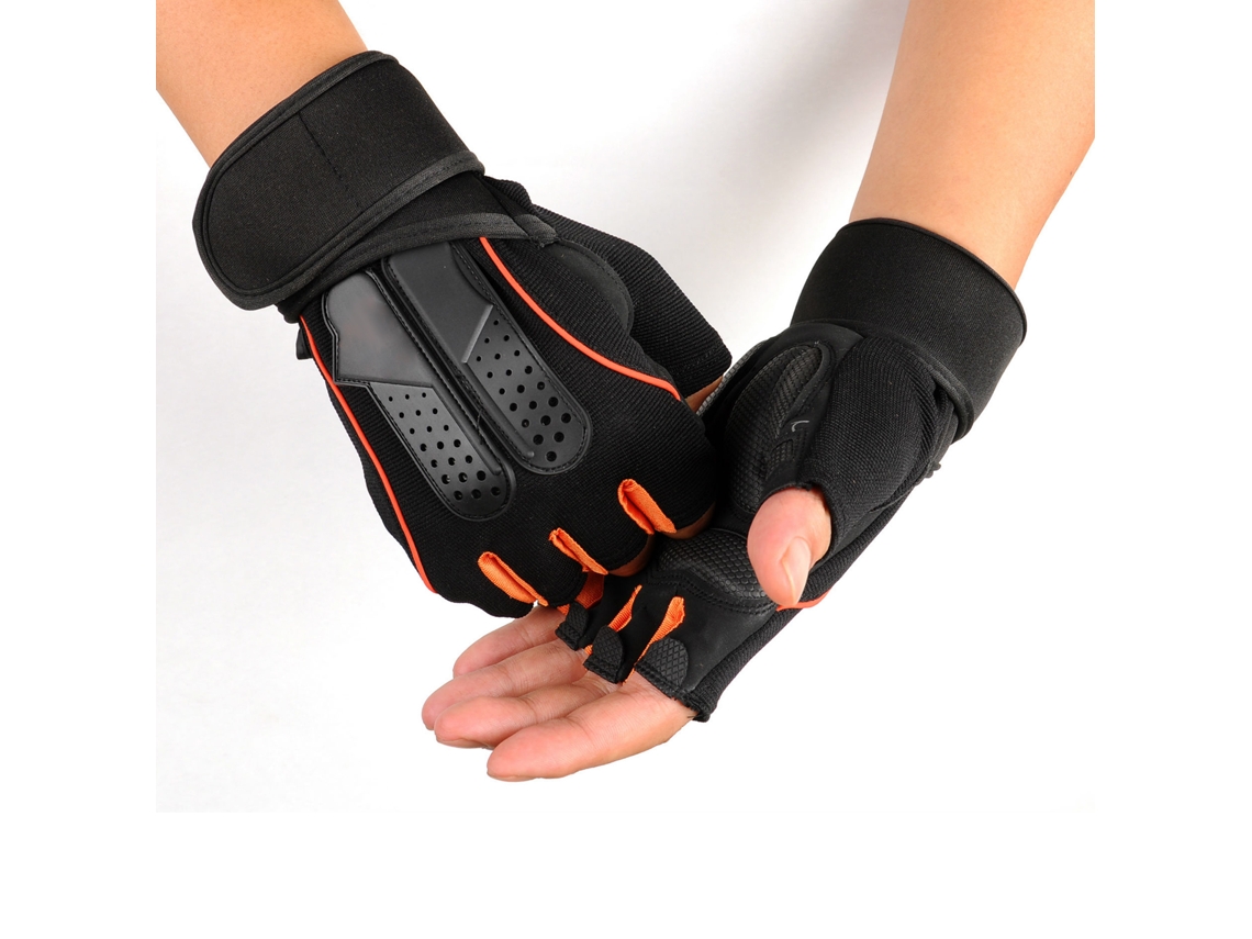 Guantes deportivos de gimnasio negros y naranjas, antideslizantes, de medio dedo.
