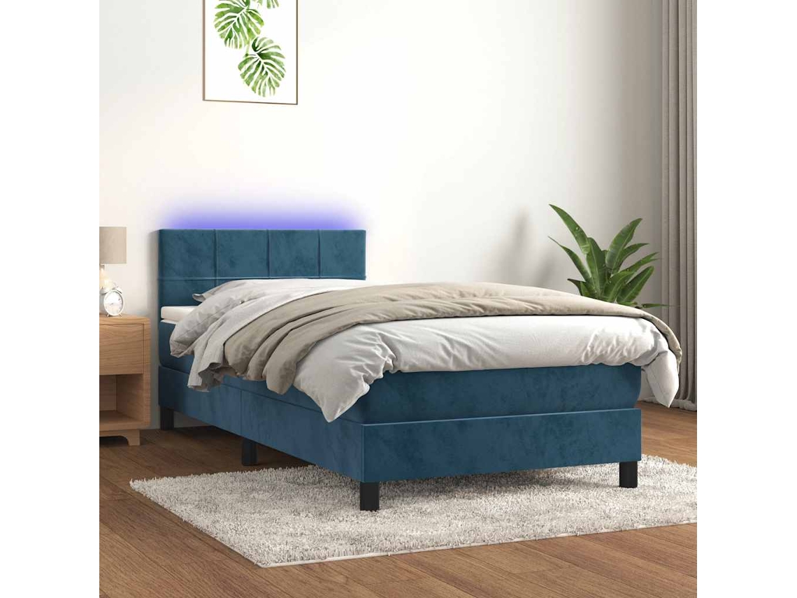 Cama Box Spring Colchón Y Led Terciopelo Azul Oscuro 90x190 Cm