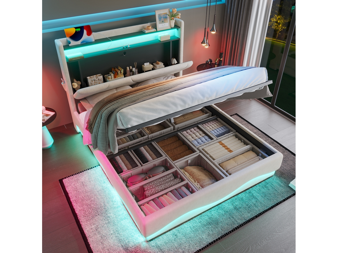 Cama Tapizada Moderna 160x200cm Con Led, Estanterías, Almacenamiento, Pistón Gas Silencioso, Puertos Usb, Bolsillos Laterales, Beige