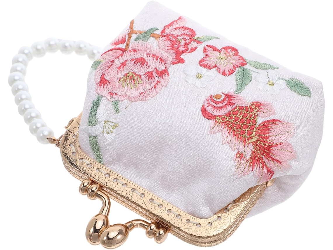 Mini Porta-moedas Quadrado Em Tecido Com Bordado Floral Chinês E Fecho.