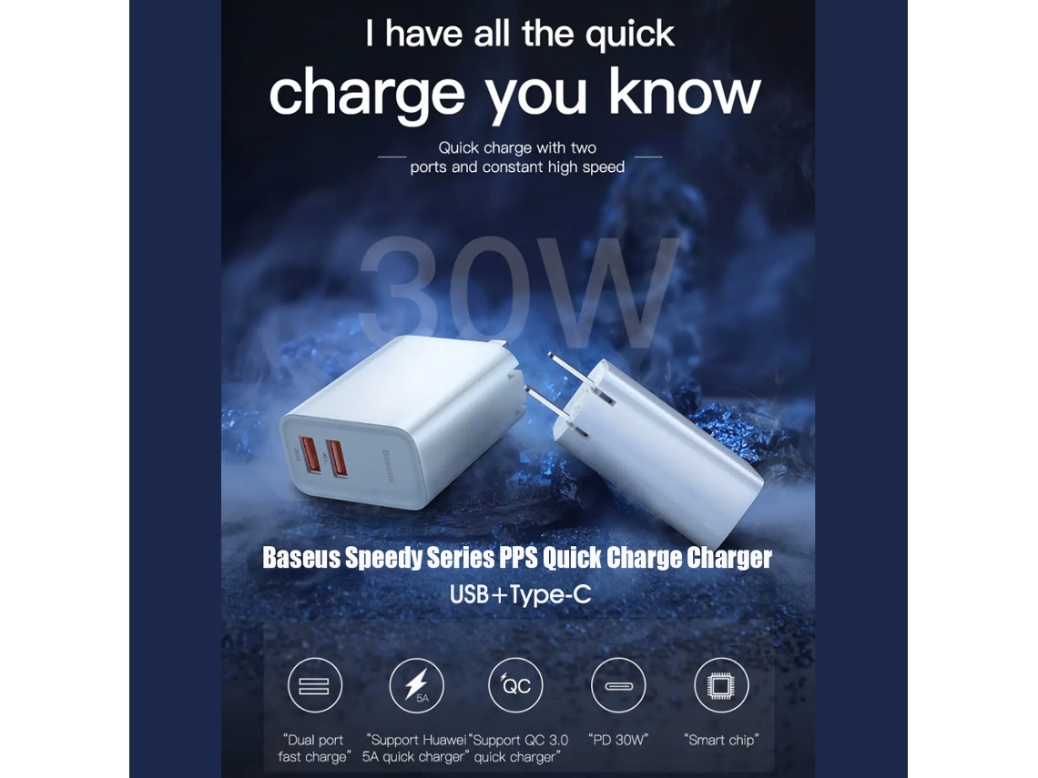 Adaptador De Carga Rápida Baseus Pd Usb C + Usb A De 30 W, Plegable, Compatible Con Iphone 12.