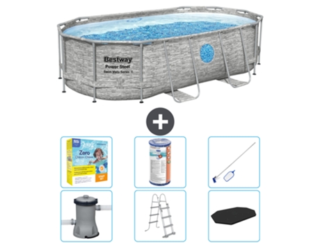 Piscina BESTWAY Oval Power Steel Swim Vista - Estampado Piedra - 427 x 250 x 100 - Incluye Bomba - Escalera - Cobertor Accesorios CB36