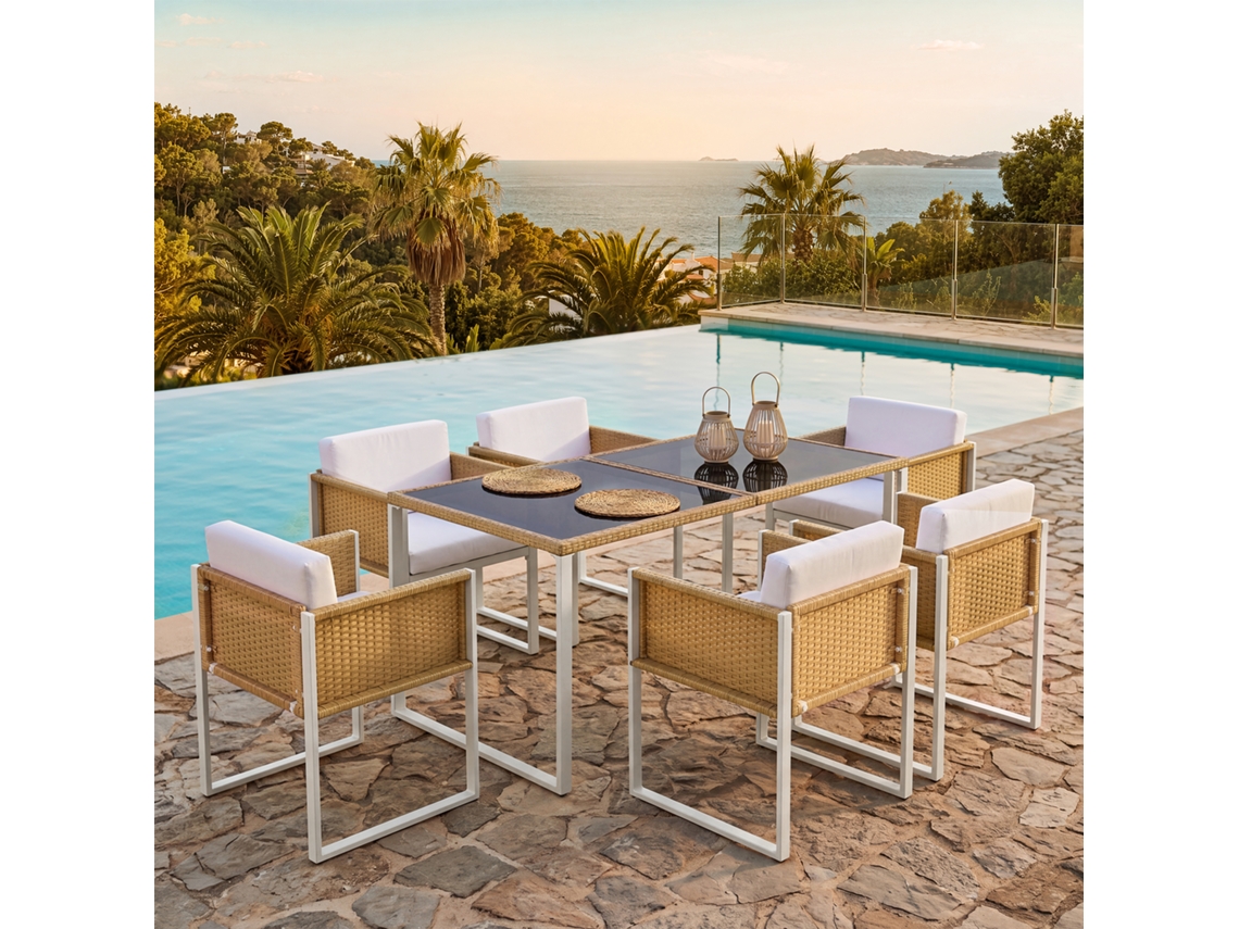 Conjunto De Comedor De Jardín De Polirratán Para 6 Personas - Sillas Con Cojines Desmontables Y Fundas Lavables - Marrón Y Blanco