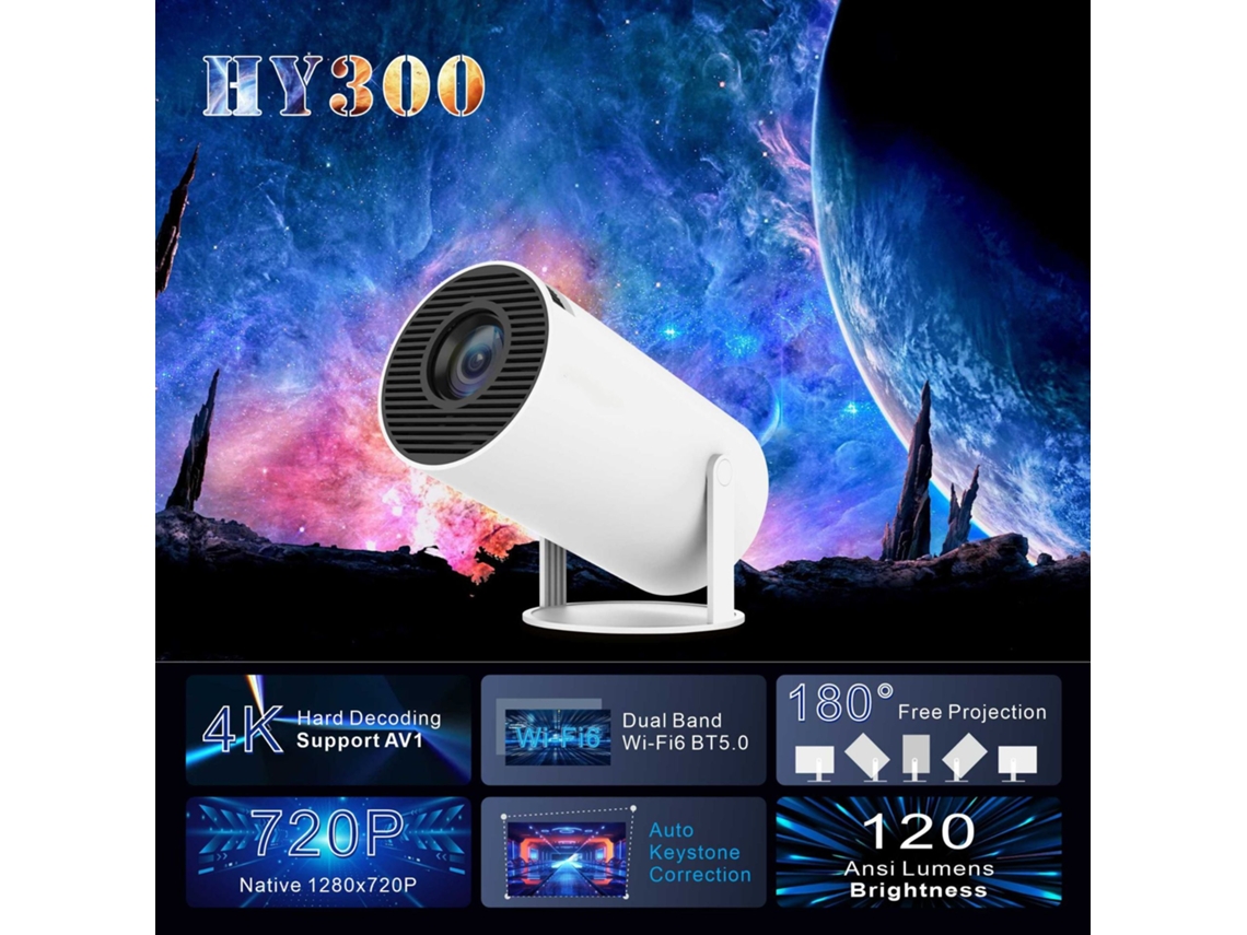 Mini Proyector 4k/1080p, Wifi 6, Bt 5.4, Keystone, Rotación 180°, Blanco
