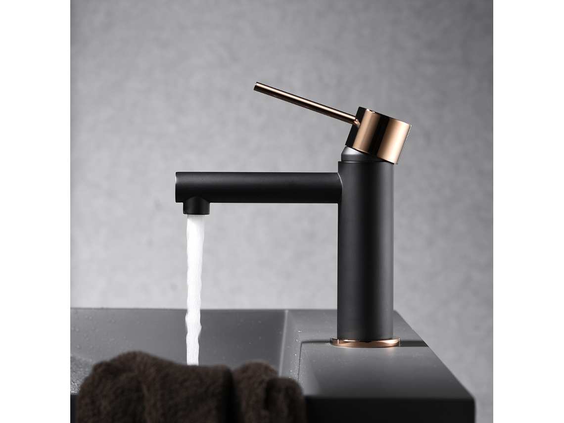 Grifo monomando para bidé en latón negro mate con acabado oro rosa, cartucho cerámico de 25 mm, latiguillos flexibles incluidos. Imex