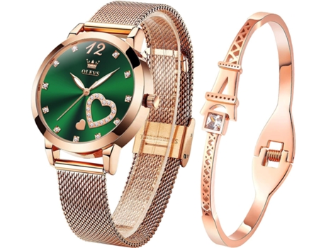 VEANXIN Conjunto de Reloj para Mujer, Simple, Cuarzo de Oro Rosa, Resistente al Agua(Verde)
