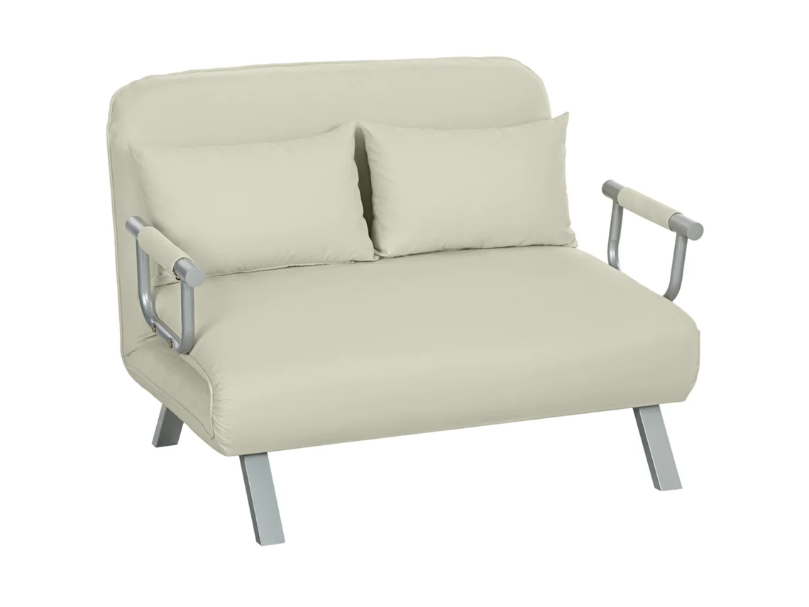 Sofá-cama 2 Lugares Tecido Camurça Encosto Ajustável 5 Posições Almofadas Creme 111x80x78cm