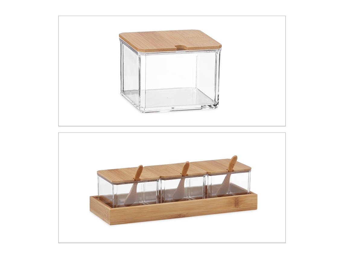 Conjunto De 3 Recipientes Para Especiarias Relaxdays, Frascos Com Colher E Tampa, Plástico, Bambu, Transparente