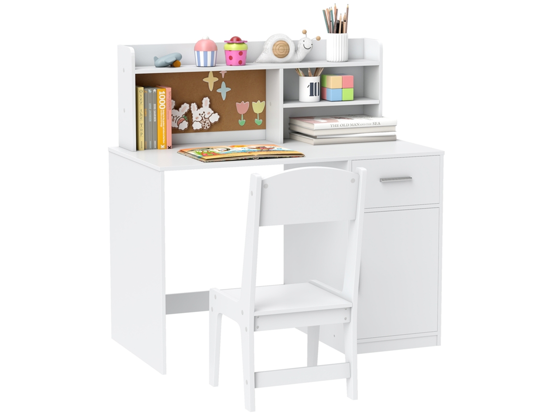 Escritorio infantil con estantes, armario, cajón y silla - MDF blanco