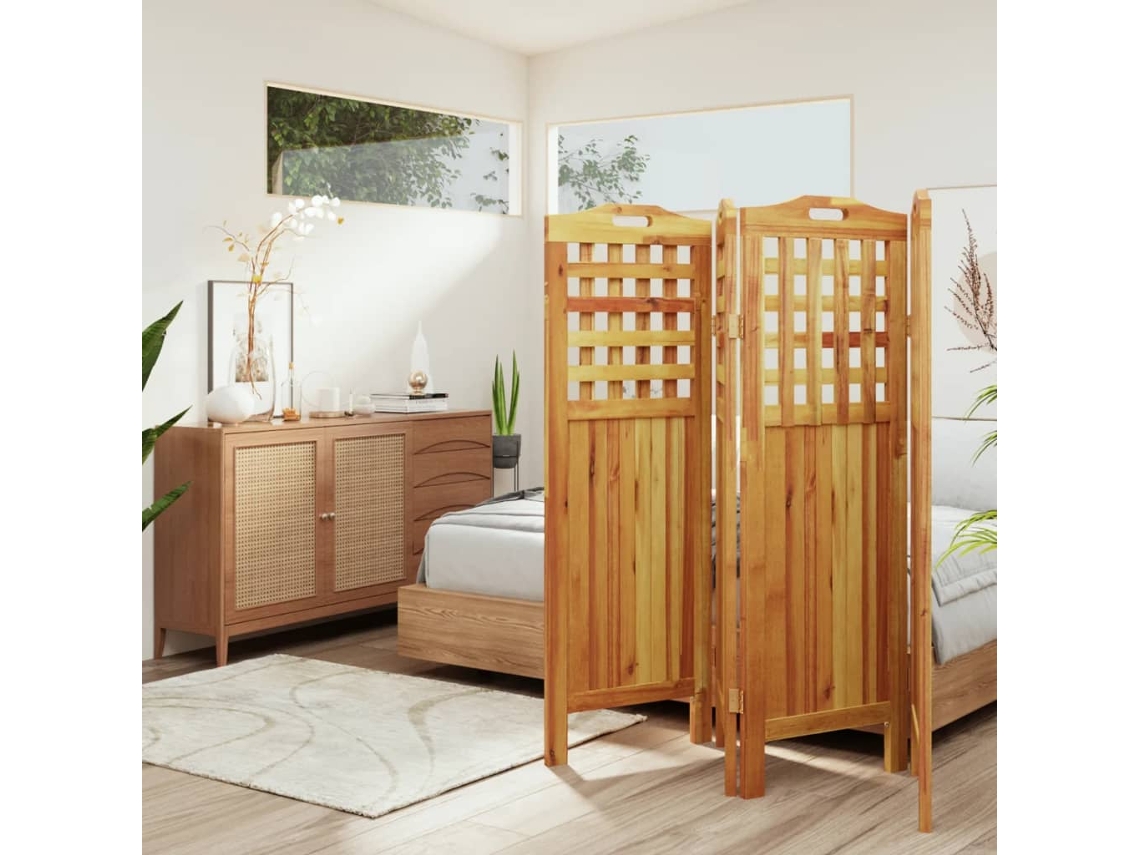 Separador de ambientes | Biombo con 4 paneles, 162x2x115 cm, madera maciza de acacia.