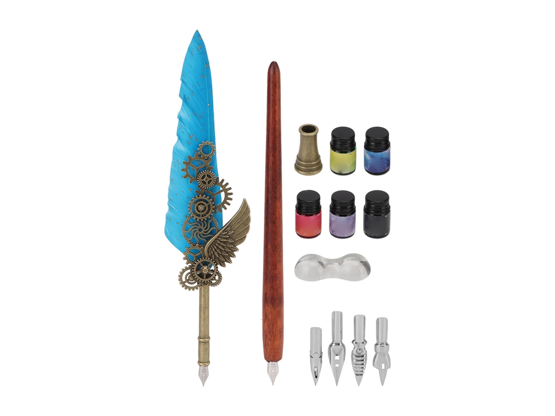 Elegante Juego De Pluma De Ave De Estilo Vintage Retro Con Plumillas De Acero Inoxidable Y Tinta Azul Laguna.