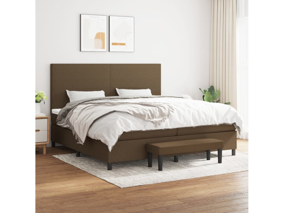 Cama Box Spring Con Colchón Tela Marrón Oscuro 200x200 Cm