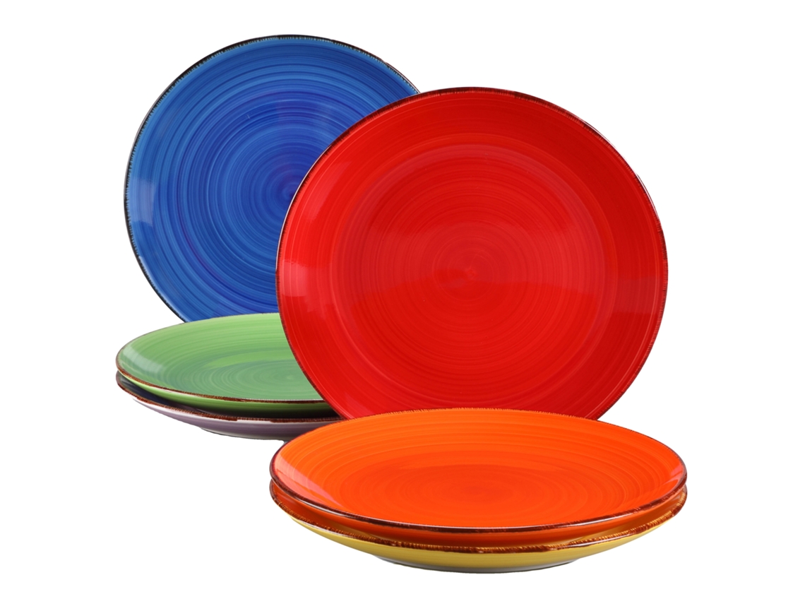 Juego de platos llanos multicolores de estilo rústico pintados a mano, 12 piezas