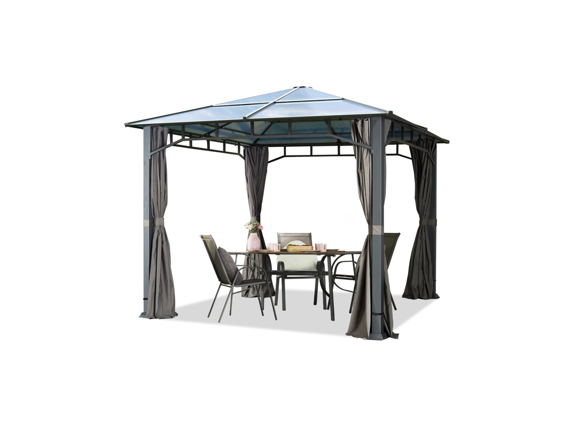 Gazebo de jardín de aluminio de 3x3 m, techo de policarbonato (aprox. 8 mm), 4 cortinas grises (Toolport)