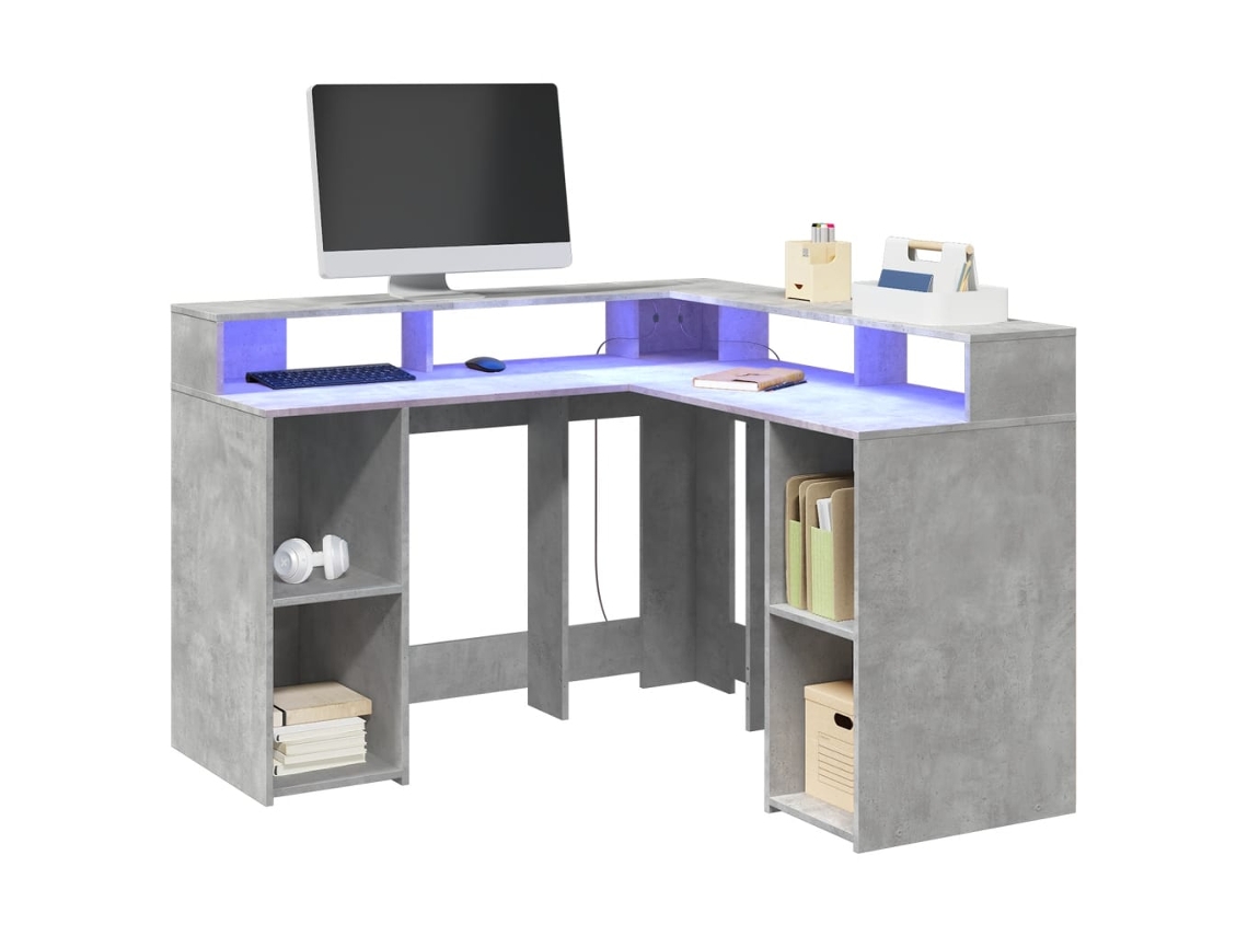 Escritorio | Mesa | Escritorio con luces LED 130x130x91cm Cemento gris derivado de la madera