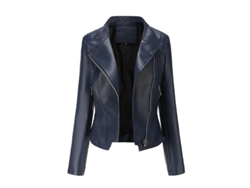 Jaqueta curta feminina de couro PU com corte slim e zíper assimétrico, tamanho XL, azul escuro, modelo 2026, ideal para motociclistas e uso casual.