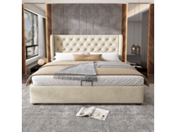 Cama Doble De 180x200 Cm, Terciopelo Beige, Botones, Cabecero Hidráulico.