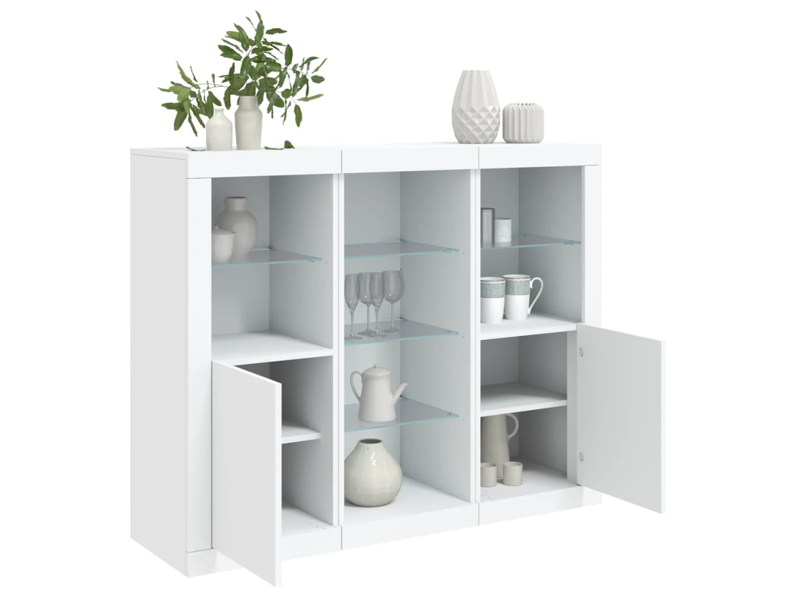 Pack 3 Uds Aparador | Mueble De Comedor | Buffetes Con Luces Led Madera De Ingeniería Blanco Wsd492194
